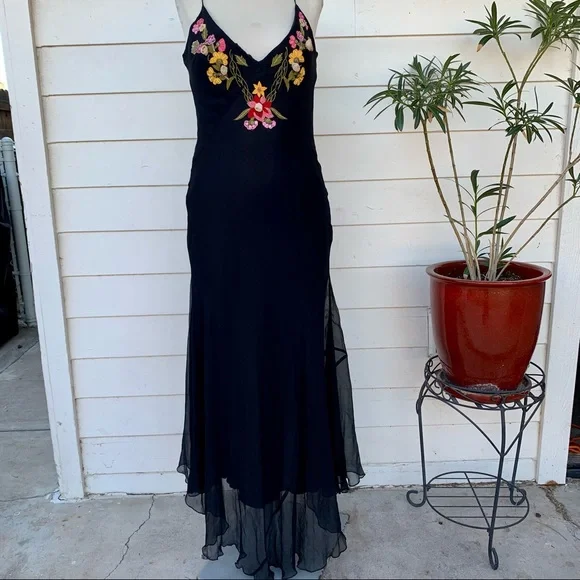 Vintage Betsey Johnson 90s 2000 100% silk Maxi midi dress embroidered low back - Picture 5 of 13